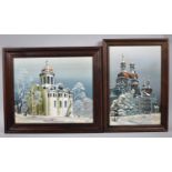 Two Russian Paintings on Board Depicting Churches, 29x24cm and 29x19cm