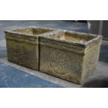 A Pair of Reconstituted Square Planters with Relief Decoration, 36cm and 28cm High