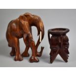 Two Carved Wooden African Souvenirs, Elephant and Mask Head Rest, Elephant 31cms High