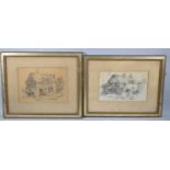 Two Framed Pencil Sketches, Rural Cottages, Each 28x18cms Approx
