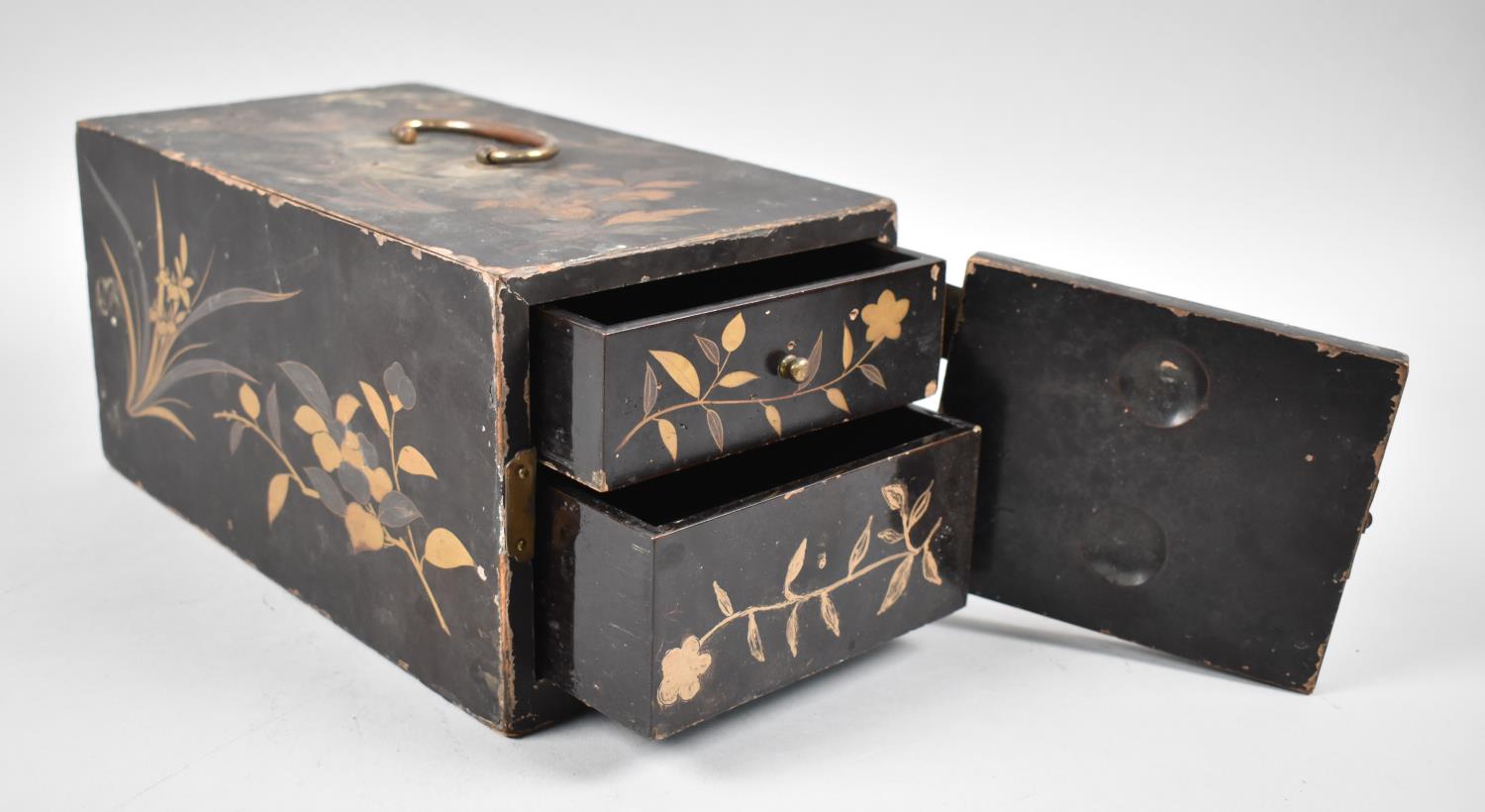 A Chinese Lacquered and Gilt Decorated Two Drawer Collectors Chest with hinged Door, Hinges and - Image 3 of 3