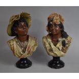 A Pair of Continental Painted Plaster Busts in the Manner of Goldscheider, Condition issues, 46cms