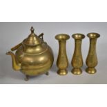 A Mid 20th Century Brass Kettle and Three Vases