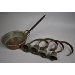 A Collection of Four Vintage Servants Bells and a Copper Frying Pan
