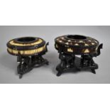 Two African Porcupine Quill Mounted Bowls on Tripod Stands with Elephant Supports, 17cms and 14cms