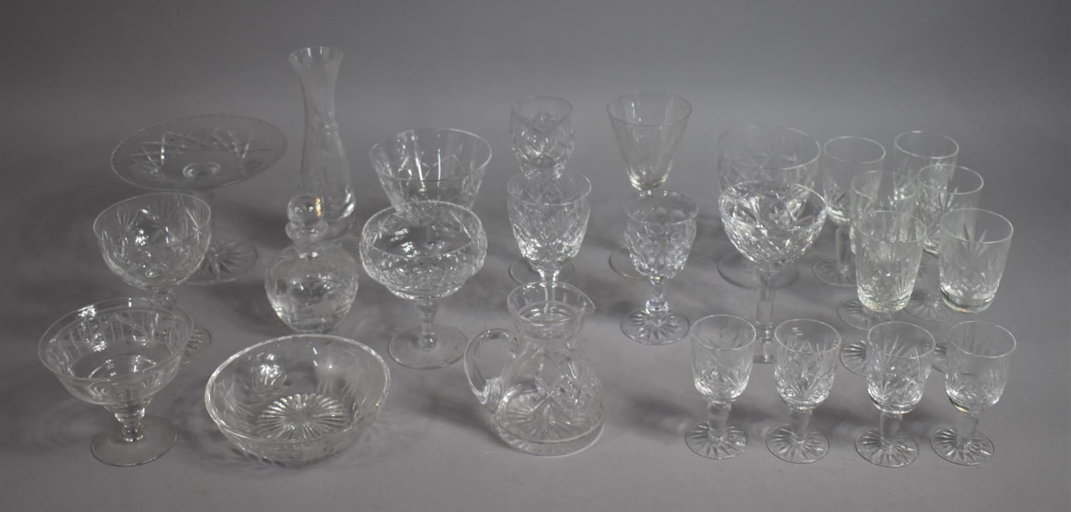 A Collection of Various Cut Glassware to comprise Tazza, Dish, Jug, Vase, Sherry Glasses Etc