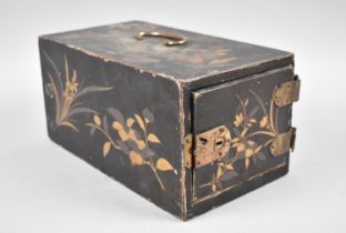 A Chinese Lacquered and Gilt Decorated Two Drawer Collectors Chest with hinged Door, Hinges and
