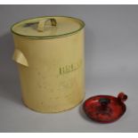 A Vintage Cylindrical Cream Enamelled Breadbin together with a Bed Chamber Stick, Breadbin 32cms
