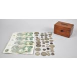 An Edwardian Mahogany rectangular Money Box Containing Vintage Pound Notes and George V Coins Etc,