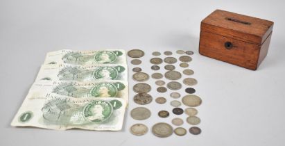 An Edwardian Mahogany rectangular Money Box Containing Vintage Pound Notes and George V Coins Etc,