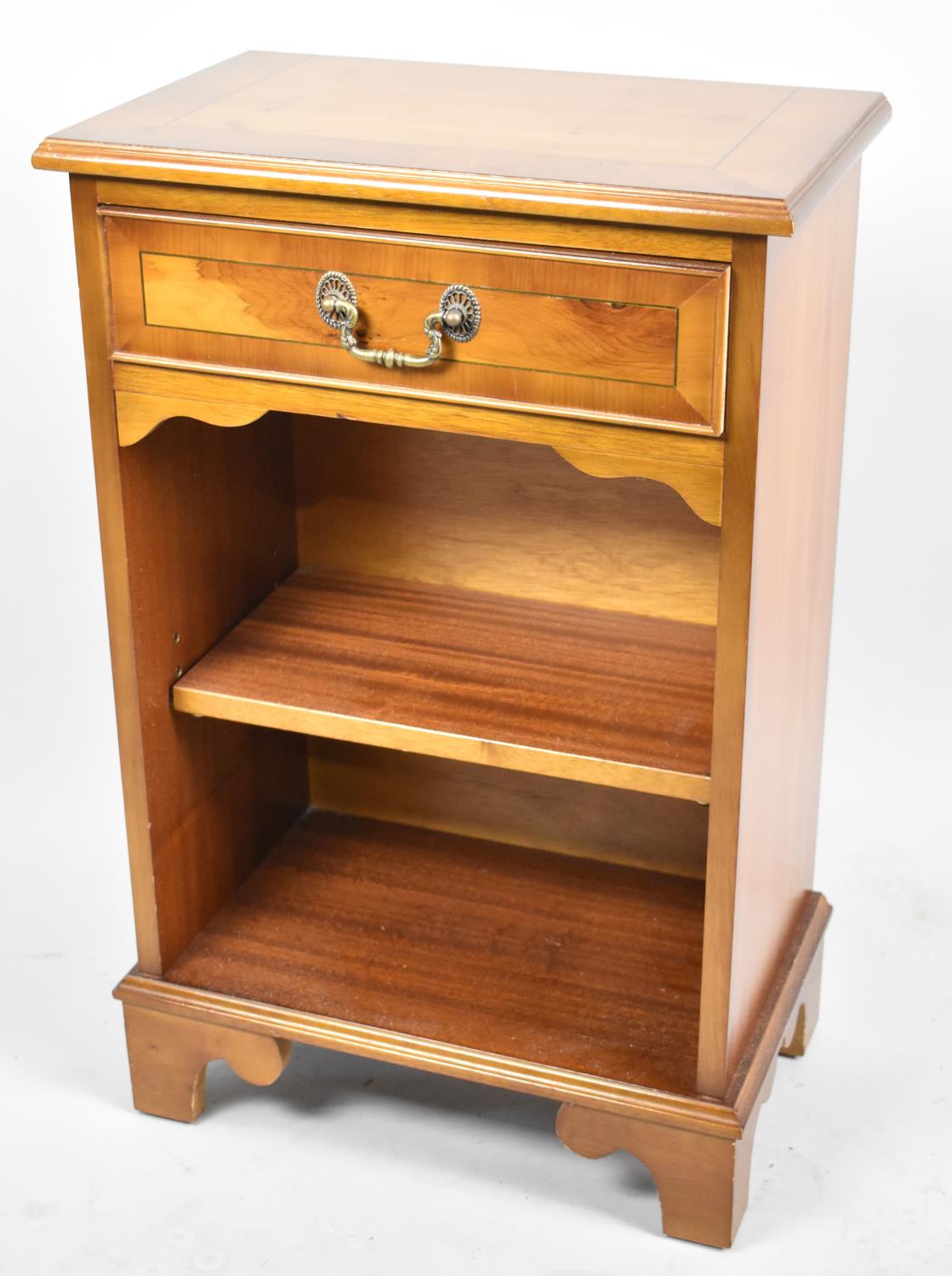 A Modern Crossbanded Yew Wood Side Cabinet with long Drawer over Open Shelved Section, 46cms Wide