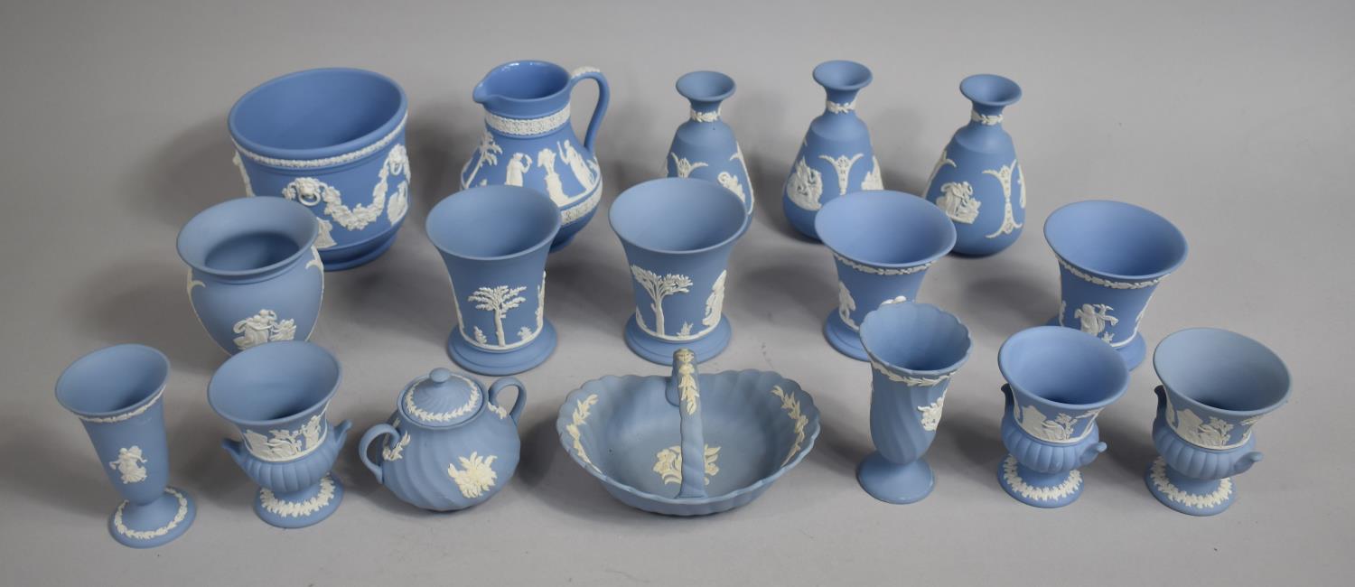 A Collection of Seventeen Pieces of Wedgwood Blue and White Jasperware to include Vases, Lidded