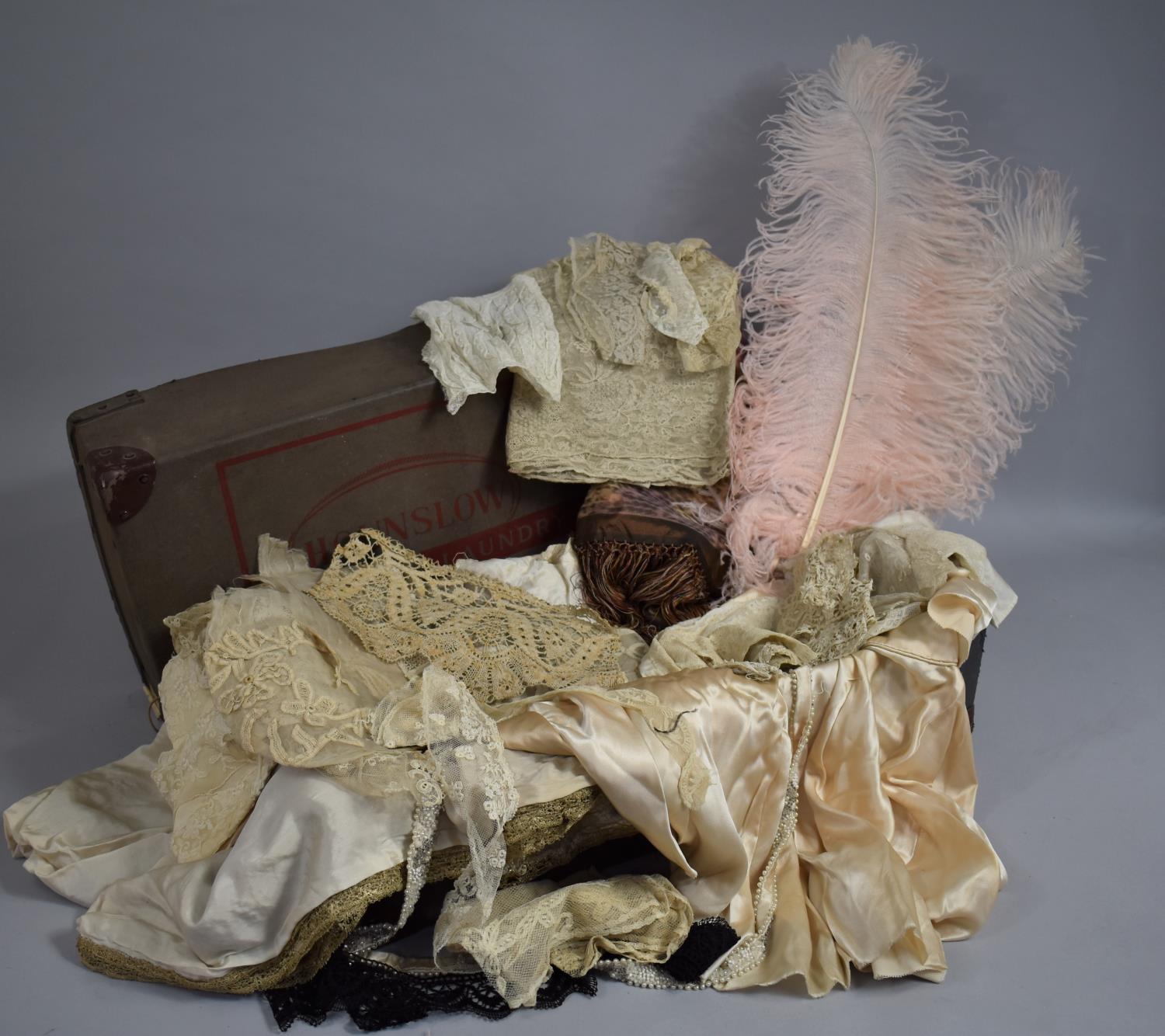 A Collection of Early Lace, Silks, Fabric, Feathers etc