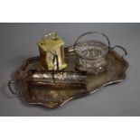 A Silver Plated Two Handled Drinks Tray together with a Glass and Sliver Plated Sweet Meat Bowl,