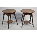 A Pair of Edwardian Oak Occasional Tables on Bobbin Supports with Circular Stretcher Shelves, Carved