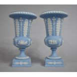 A Pair of Wedgwood Blue and White Jasperware Pedestal Vases, 18.5cm high