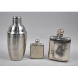 A Vintage Nickel Plated Hip Flask, Smaller Pewter Example and a Stainless Steel Cocktail Shaker