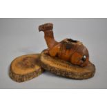 A Souvenir Olive Wood Novelty Ink Well in the Form of a Camel at Rest, Missing hinged Lid, Inscribed