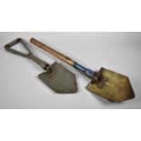 Two Vintage Military Folding Trench Shovels, One with Wooden Handle