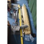 A Collection of Garden Tools, Spirit Level, Garden Parasols etc