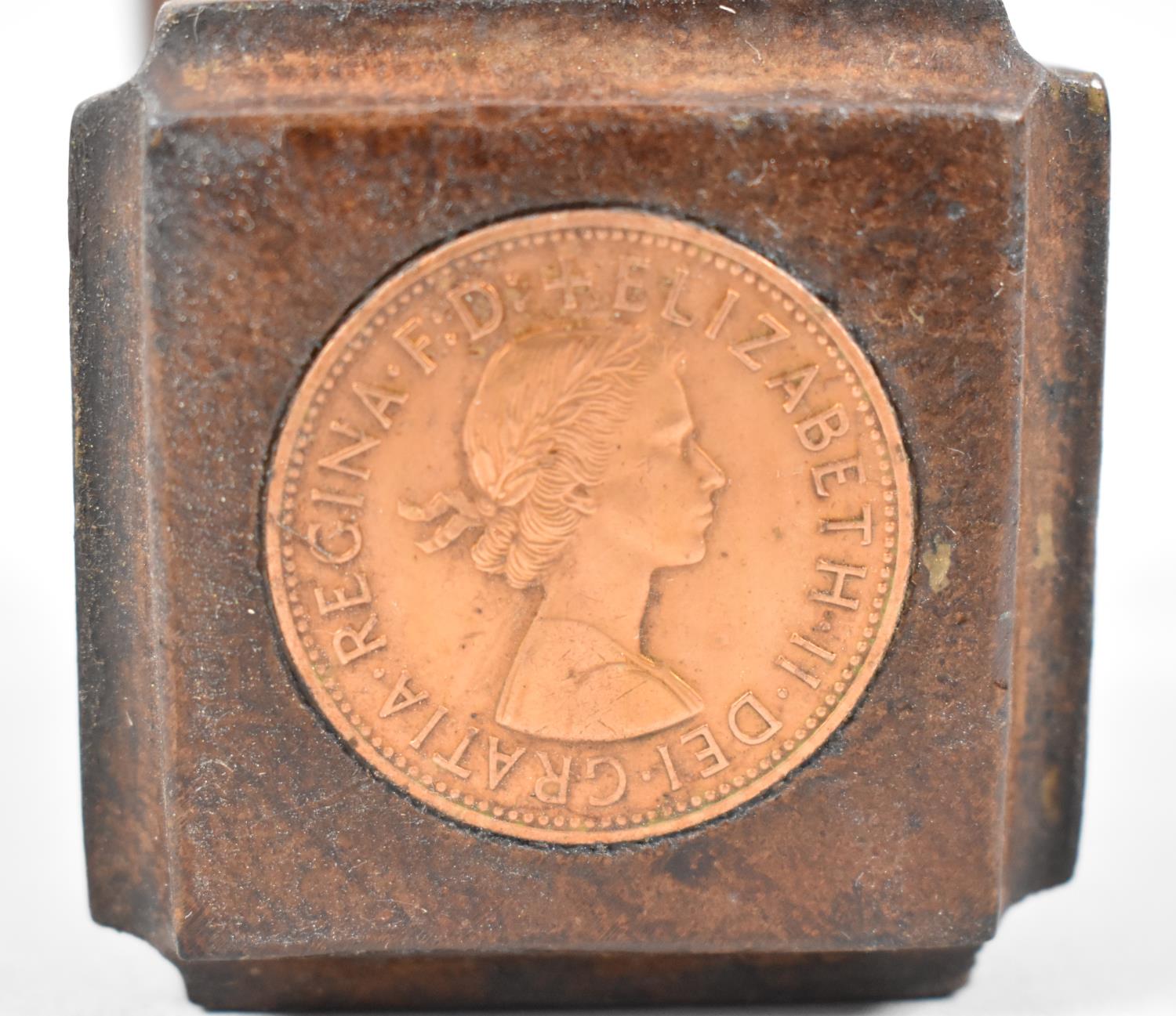 A Novelty Desk Top Wooden paperweight Mounted with Coins from Victoria to Elizabeth, 12cms High - Image 6 of 6