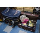 Three Empty Suitcases and Vintage Example Containing Ordnance Survey Maps, Cooking Pan, Toys etc