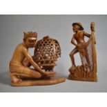 Two Far Eastern Carved Wooden Souvenirs, Gent Feeding Cockerel and Fisherman with Net, 30cms High
