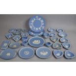A Collection of Various Blue and White Wedgwood Jasperware to include Dishes, Plates, Ring Tree Etc
