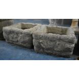 A Pair of Reconstituted Stone Square Planters with Moulded Decoration, 43cm and 26cm high