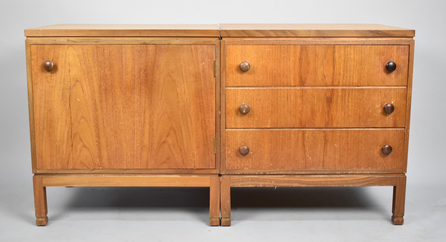 A pair of 1970s Teak Bedside Units, Three Drawer Chest and Shelved Cabinet, Each 61cms Long