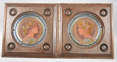 A Pair of Oak Framed Etched Coloured Glass Panels Depicting Maidens with Floral Garlands, One is