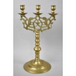 A Mid 20th Century Three Branch Brass Candelabra with Lion Rampant Decoration, 40cms High