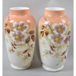 A Pair of Edwardian Opaque Glass Vases Decorated with Flowers, 25cm high