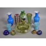 A Collection of Various Glassware to Comprise Pair of Blue Opalescent French Candle Holders in the