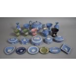 A Collection of Various Wedgwood Jasperware to Comprise Teapot, Dishes, Lidded Pots, Vases Etc