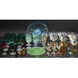 A Collection of Various Coloured Glassware to Comprise Uranium Glass Wines, Green Glass Sherries Etc