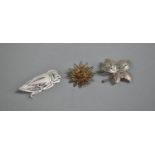 Three Silver Filigree Brooches, Owl, Flower Head and Leaves