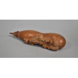 A Novelty Signed Carved Wooden Travelling Item of Gourd Form with Decoration in Relief, the