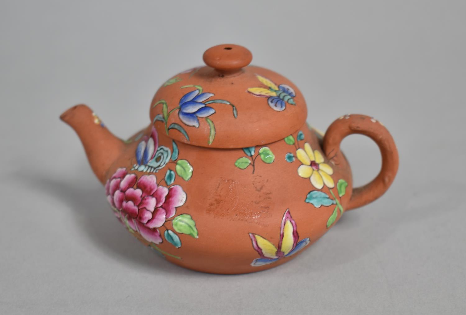 A Small Chinese Yixing Teapot of Squat Form with Applied Enamelled Floral Decoration, 6cm high, ( - Image 2 of 2