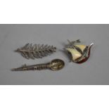 Three Silver Brooches to Include Silver, Marcasite and Enamel Sailing Yacht, Silver Fern Leaf and