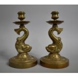 A Pair of Mid 20th Century Brass Candlesticks with Dolphin Supports, 20cm high