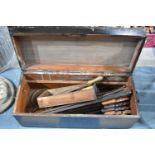 A Vintage Black Painted Carpenters Tool Box Containing Saws, Files etc