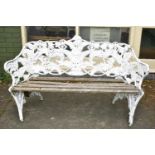 A Reproduction White Painted Cast Metal Coalbrookdale Style Fern Pattern Garden Bench with Slatted