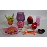 A Collection of Various Coloured Glassware to Comprise Italian Bowls, End of the Day Dog, Vases Etc