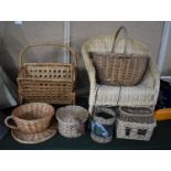 A Collection of Various Wicker Items to Include Child's Chair, Shopping Basket, Magazine Rack etc