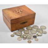 An Edwardian Inlaid Walnut Box containing British Silver Coinage to include Threepenny Joeys,