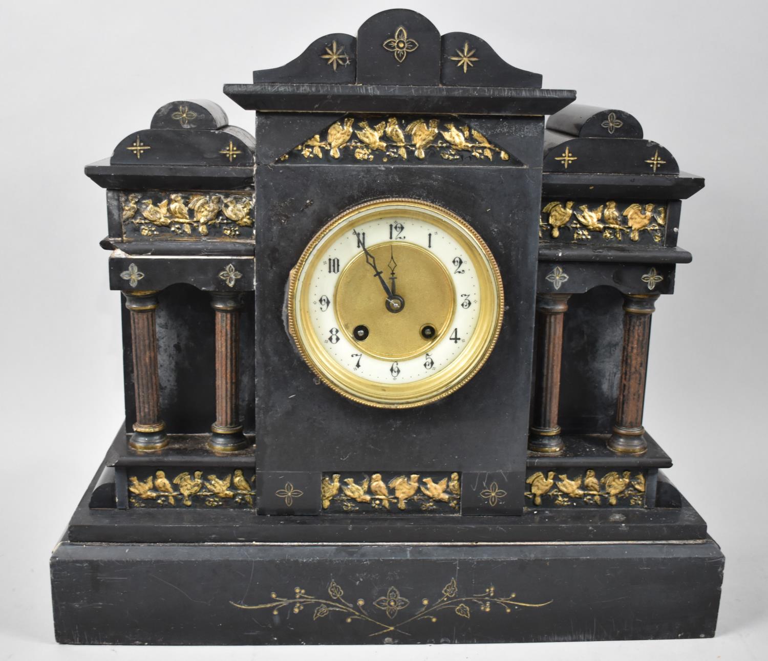 A French Black Slate Mantel Clock of Architectural Form with Gilt Highlights and Reeded Columns with