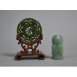 A Carved Jade Disc on Carved and Pierced Stand Together with a Small Jade Carving