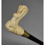 A Reproduction Walking Cane with Novelty Carved Bone Handle in the Form of a Reclining Nude Lady