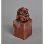 A Reproduction Carved Soapstone Chinese Seal with Temple Lion Finial, 9.5cms High